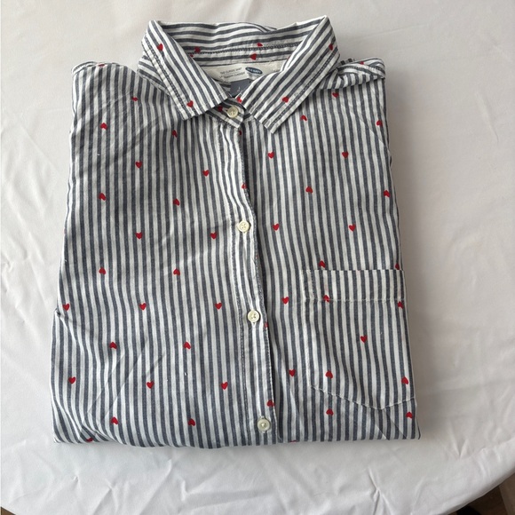 Old Navy Classic Collared LS Shirt Gray White Striped w/ Heart Pattern Women’s L - Picture 9 of 13